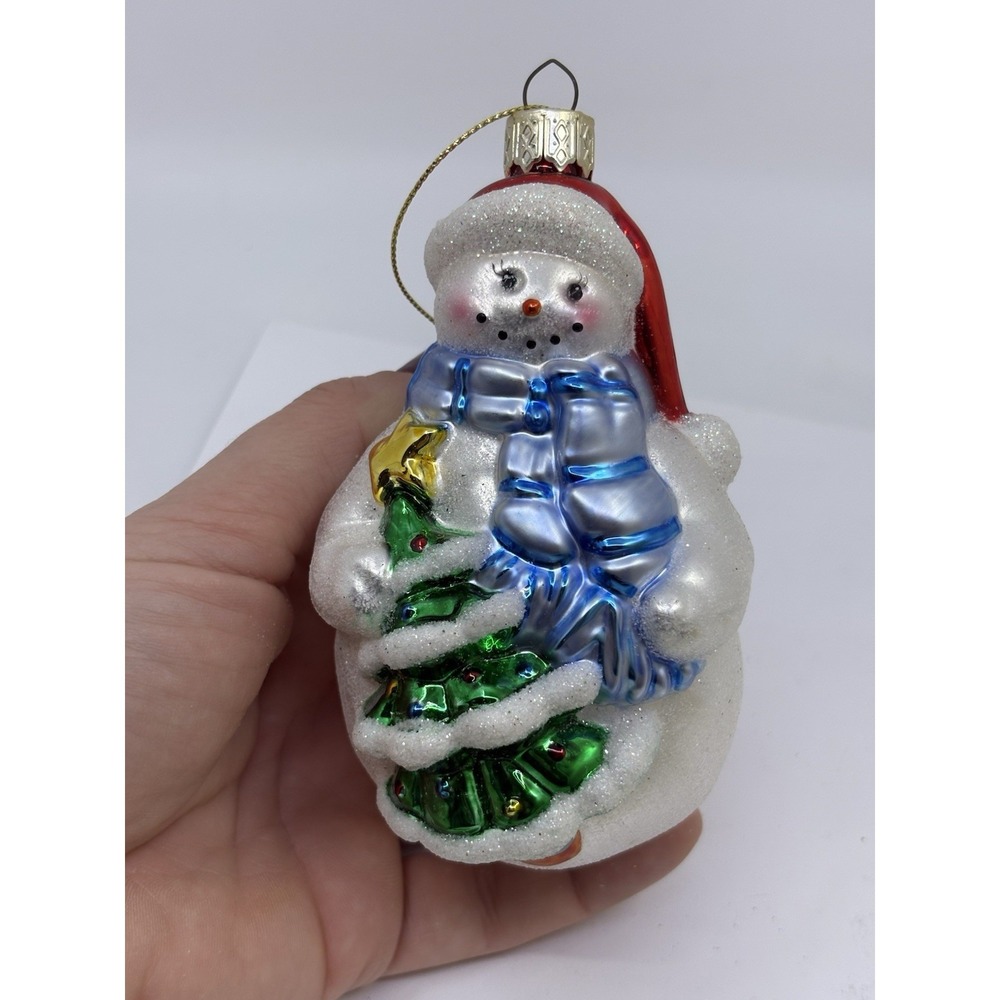 Vtg Glass Ornament Snowman Holding a Christmas tree Scarf Santa Hat